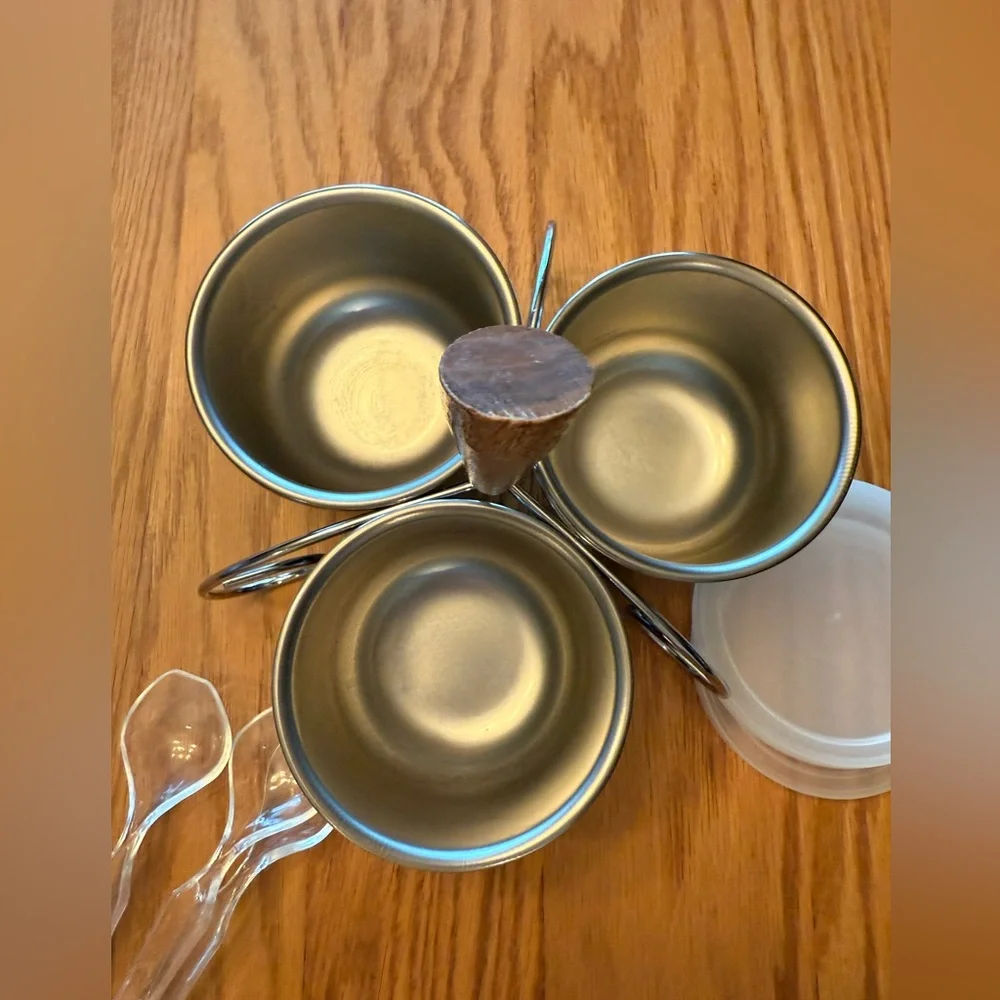 Vintage Stainless Steel Condiment Cups and Holder with Lids and Spoons